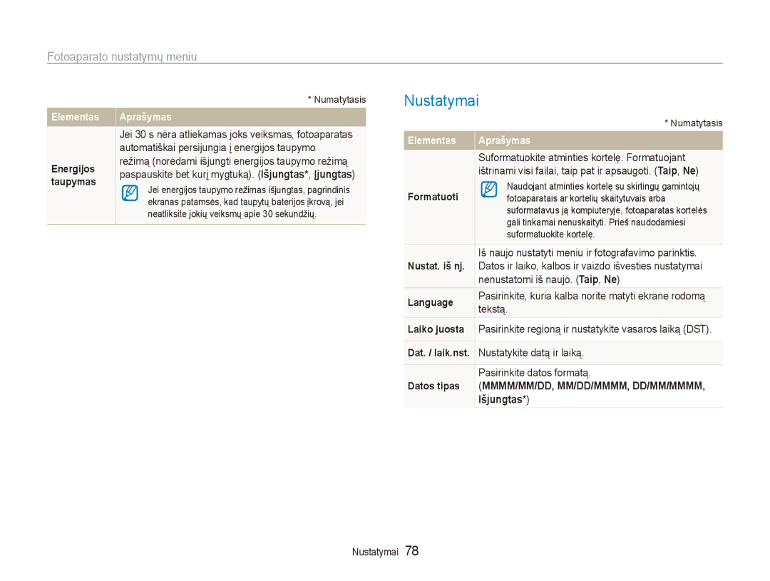 Samsung EC-ES80ZZBPBE2 manual Nustatymai 