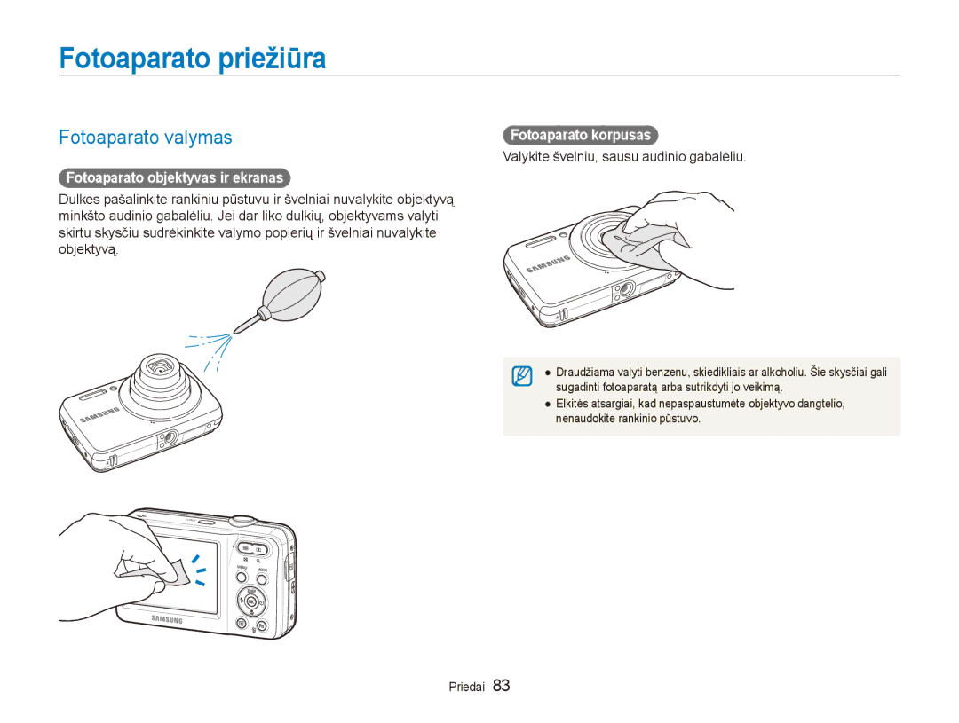 Samsung EC-ES80ZZBPBE2 Fotoaparato priežiūra, Fotoaparato valymas, Fotoaparato objektyvas ir ekranas, Fotoaparato korpusas 