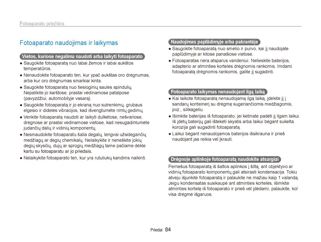 Samsung EC-ES80ZZBPBE2 manual Fotoaparato naudojimas ir laikymas, Fotoaparato priežiūra 