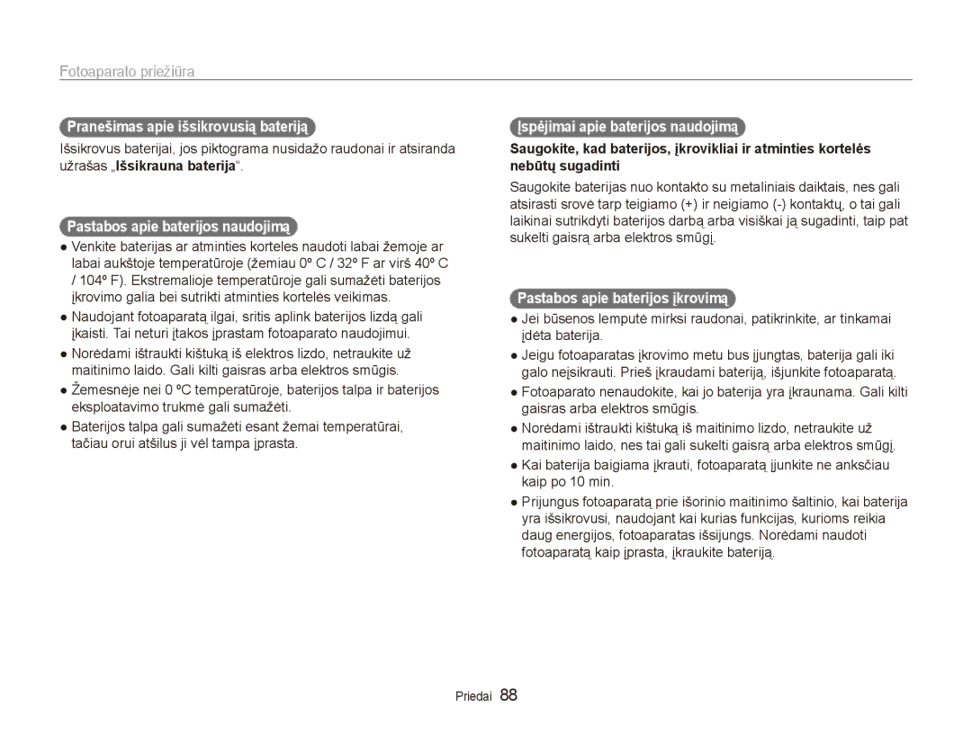 Samsung EC-ES80ZZBPBE2 manual Pranešimas apie išsikrovusią bateriją, Pastabos apie baterijos naudojimą 