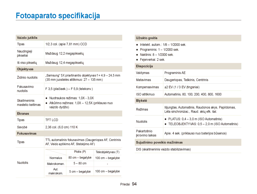 Samsung EC-ES80ZZBPBE2 manual Fotoaparato specifikacija 