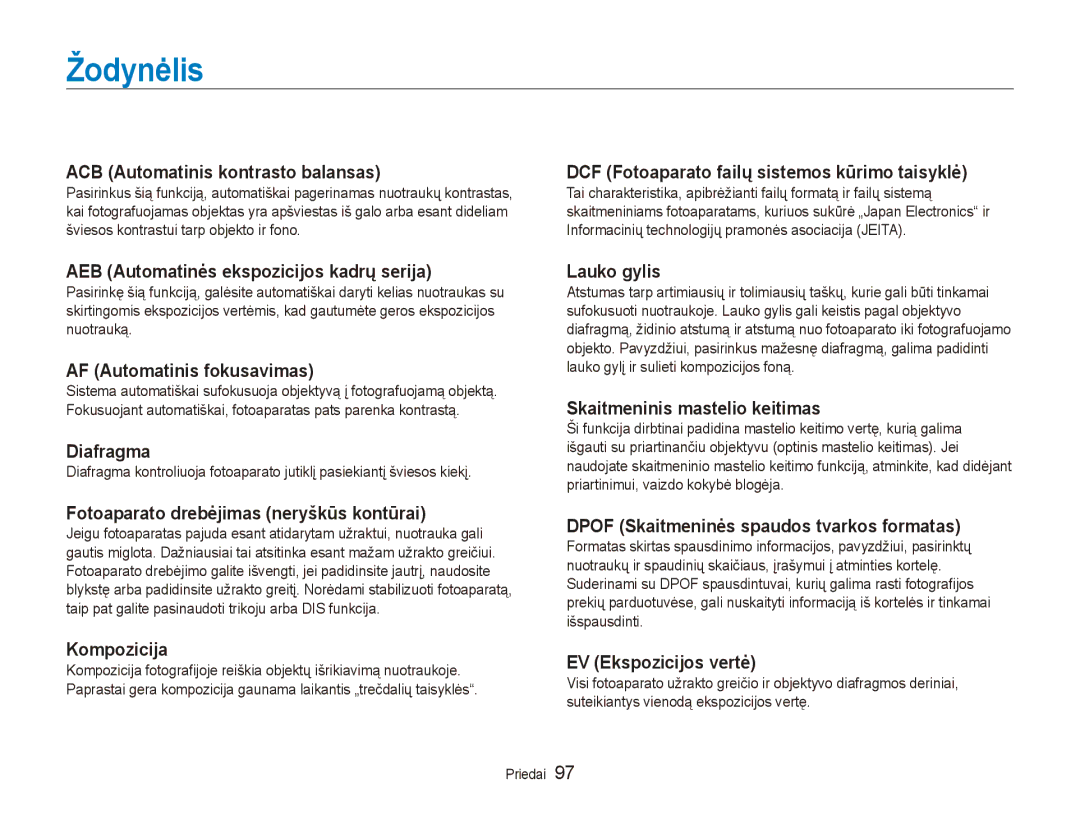 Samsung EC-ES80ZZBPBE2 manual Žodynėlis, ACB Automatinis kontrasto balansas 