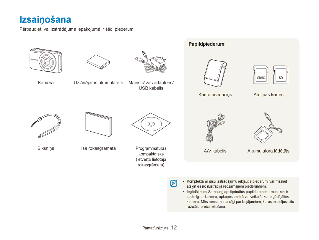 Samsung EC-ES80ZZBPBE2 manual Izsaiņošana, Papildpiederumi 