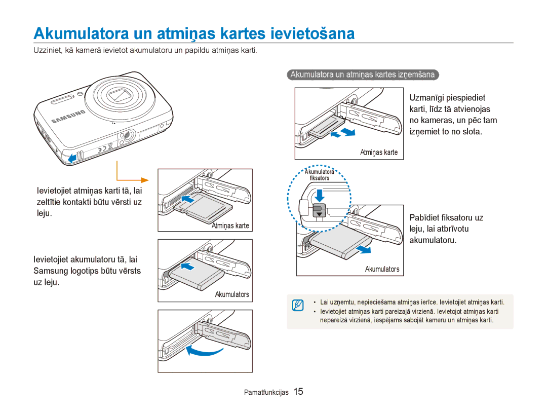 Samsung EC-ES80ZZBPBE2 Akumulatora un atmiņas kartes ievietošana, Pabīdiet fiksatoru uz leju, lai atbrīvotu akumulatoru 