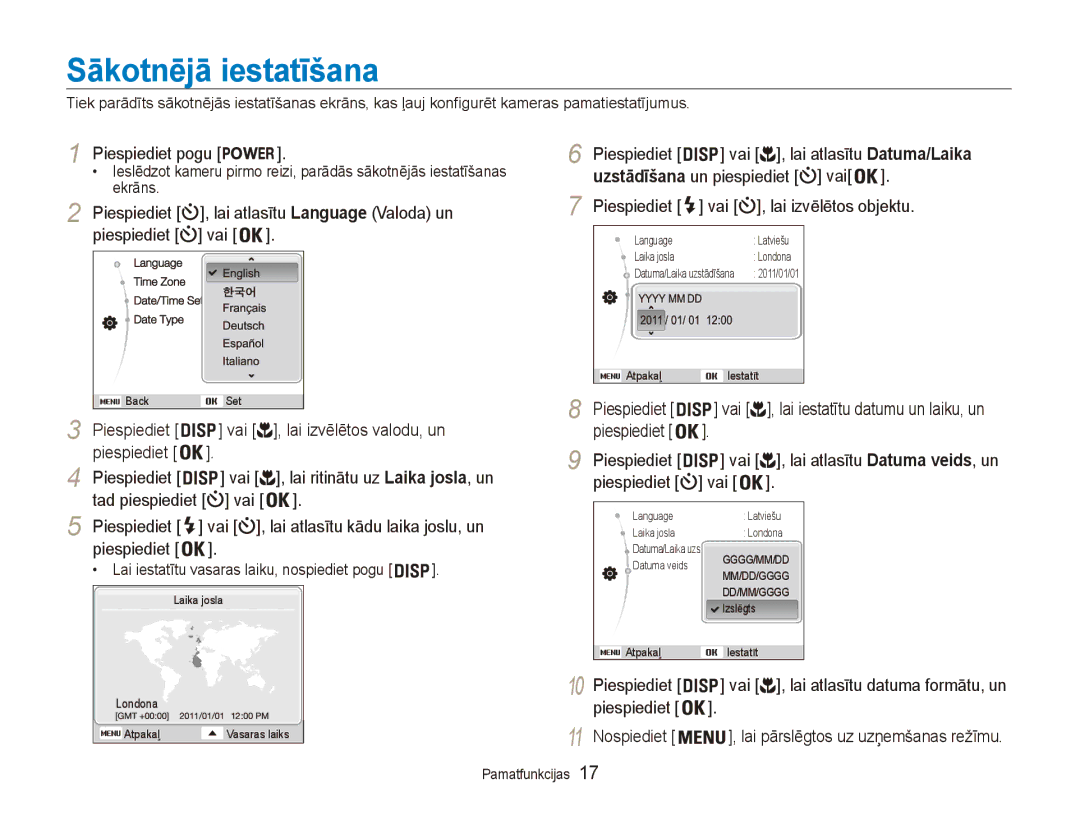 Samsung EC-ES80ZZBPBE2 manual Sākotnējā iestatīšana 