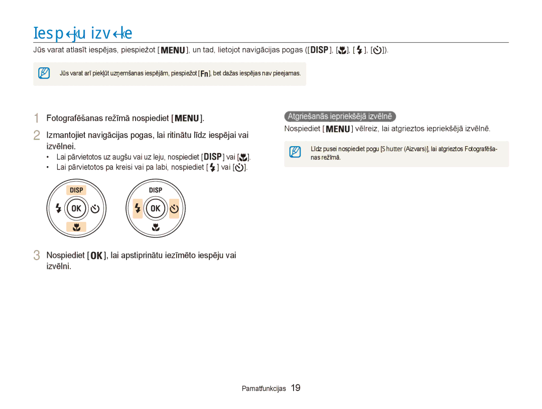 Samsung EC-ES80ZZBPBE2 manual Iespēju izvēle, Izvēlnei, Nospiediet , lai apstiprinātu iezīmēto iespēju vai izvēlni, Vai 