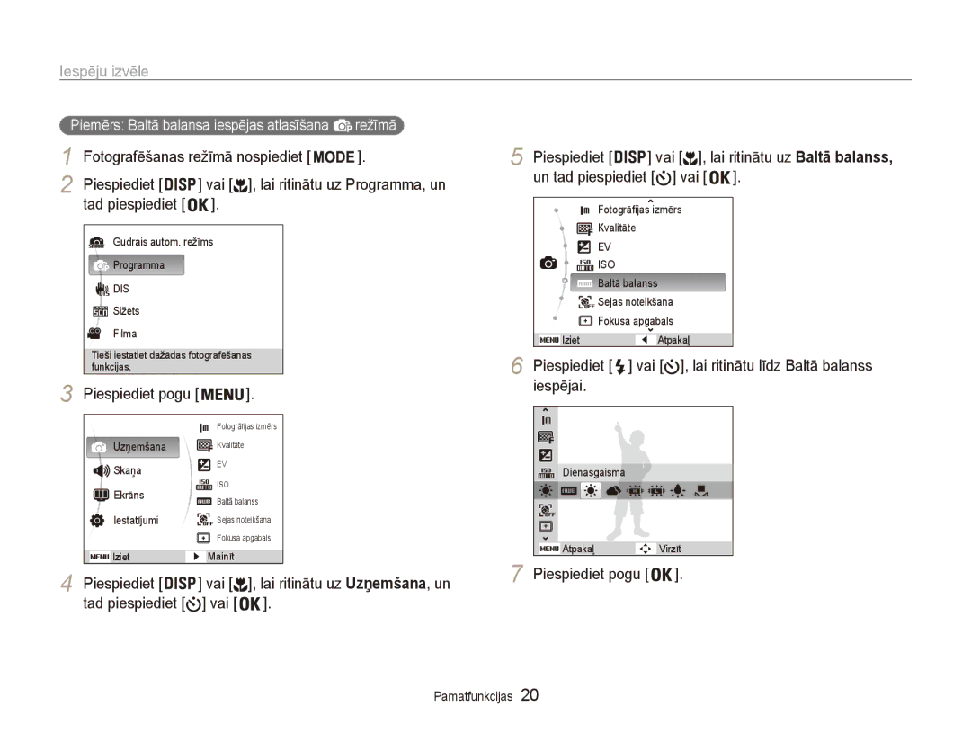 Samsung EC-ES80ZZBPBE2 manual Iespēju izvēle, Iespējai 