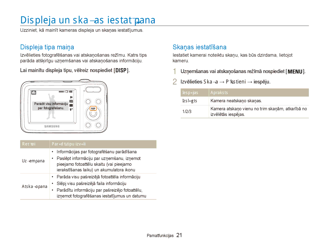 Samsung EC-ES80ZZBPBE2 manual Displeja un skaņas iestatīšana, Displeja tipa maiņa, Skaņas iestatīšana 