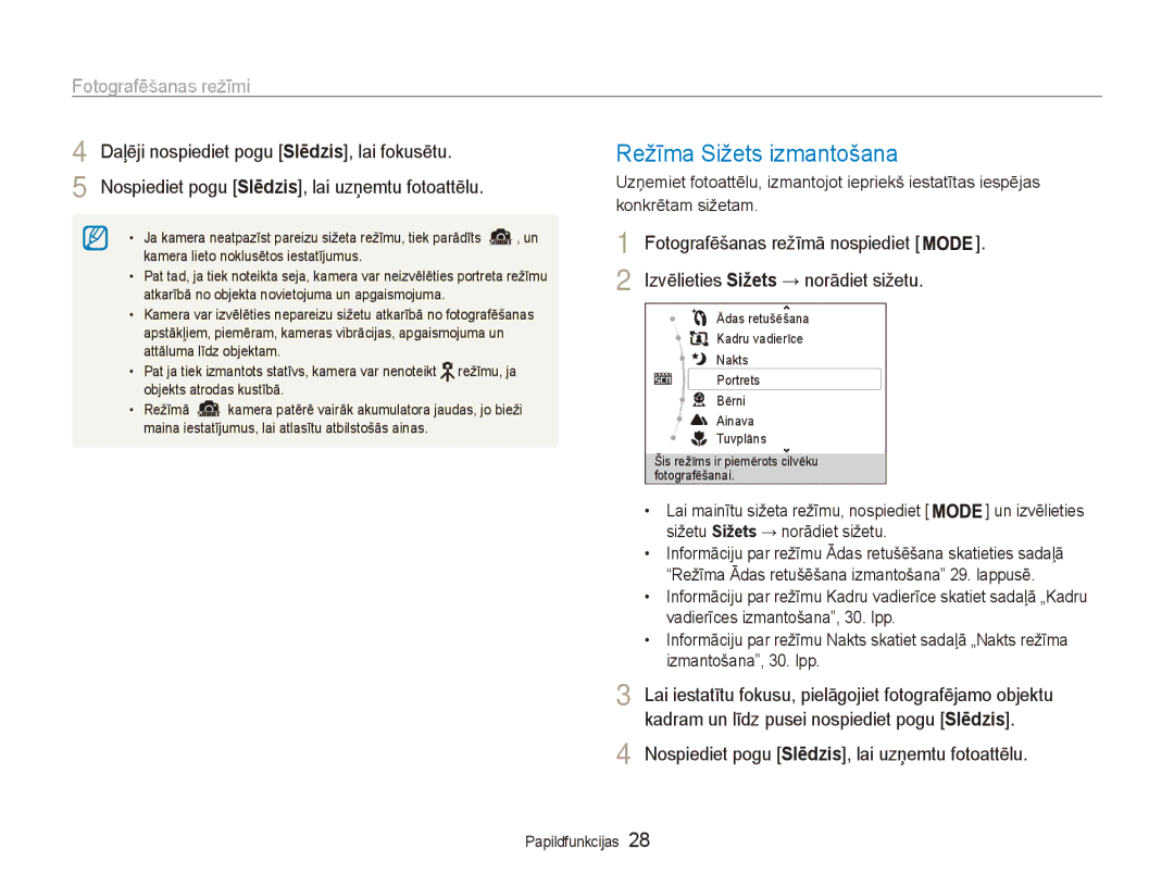 Samsung EC-ES80ZZBPBE2 manual Režīma Sižets izmantošana, Fotografēšanas režīmi 