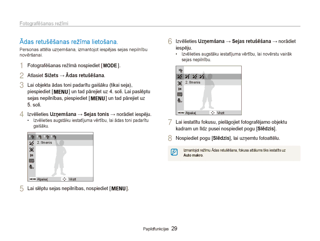 Samsung EC-ES80ZZBPBE2 Ādas retušēšanas režīma lietošana, Izvēlieties Uzņemšana → Sejas retušēšana → norādiet iespēju 