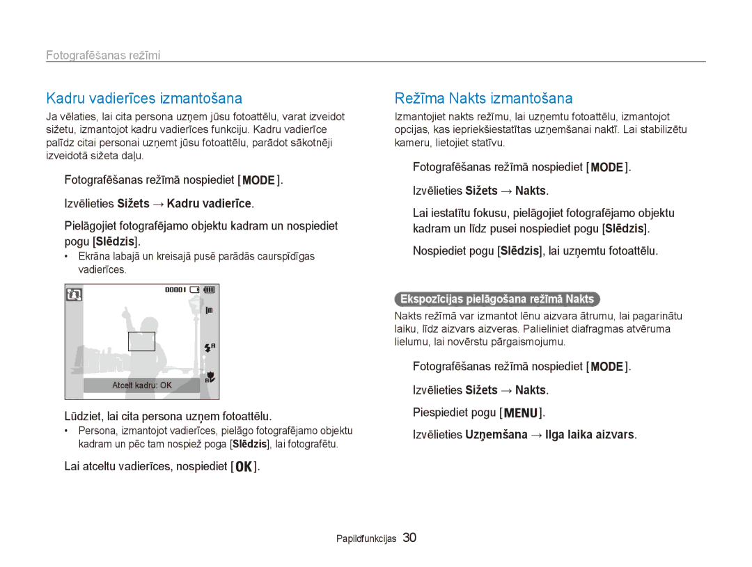 Samsung EC-ES80ZZBPBE2 manual Kadru vadierīces izmantošana, Režīma Nakts izmantošana 