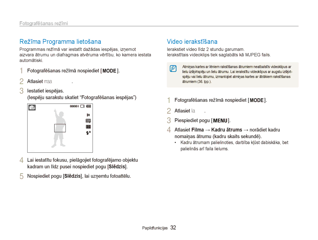 Samsung EC-ES80ZZBPBE2 manual Režīma Programma lietošana, Video ierakstīšana, Atlasiet Programma Iestatiet iespējas 