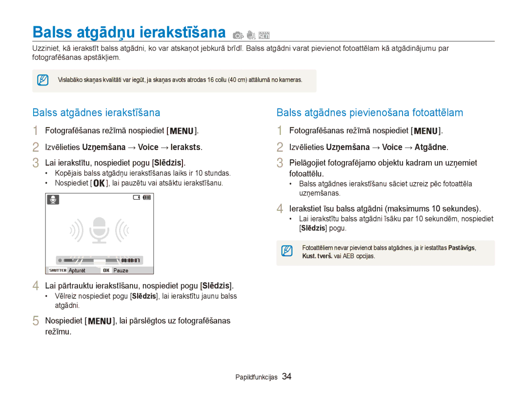 Samsung EC-ES80ZZBPBE2 Balss atgādņu ierakstīšana, Balss atgādnes ierakstīšana, Balss atgādnes pievienošana fotoattēlam 