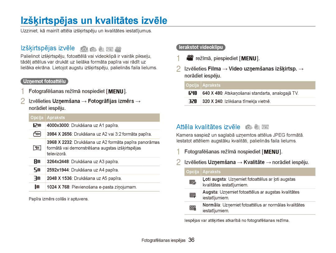 Samsung EC-ES80ZZBPBE2 manual Izšķirtspējas un kvalitātes izvēle, Izšķirtspējas izvēle, Attēla kvalitātes izvēle 