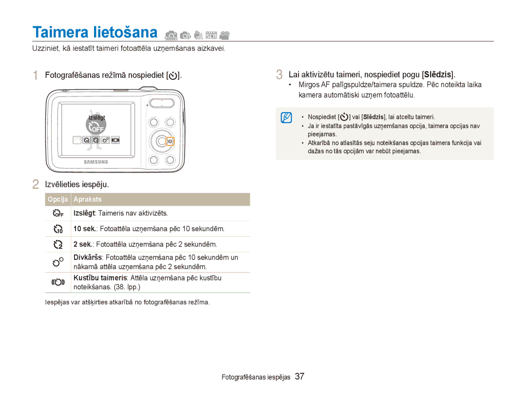 Samsung EC-ES80ZZBPBE2 manual Taimera lietošana, Lai aktivizētu taimeri, nospiediet pogu Slēdzis 