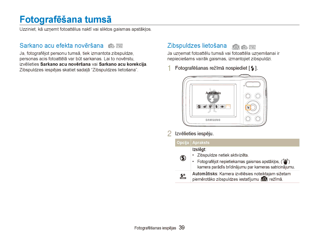 Samsung EC-ES80ZZBPBE2 manual Fotografēšana tumsā, Sarkano acu efekta novēršana, Zibspuldzes lietošana, Izslēgt 