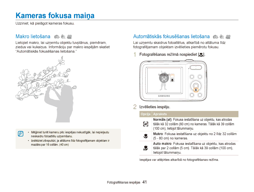 Samsung EC-ES80ZZBPBE2 manual Kameras fokusa maiņa, Makro lietošana, Automātiskās fokusēšanas lietošana 