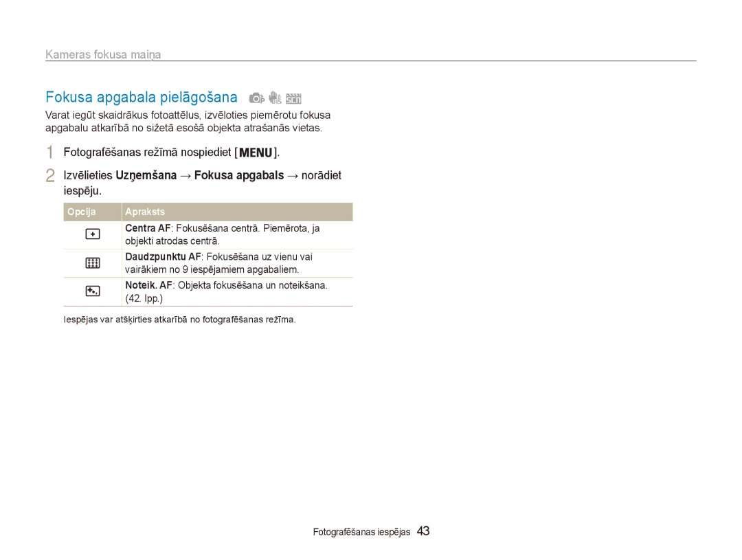 Samsung EC-ES80ZZBPBE2 manual Fokusa apgabala pielāgošana, Izvēlieties Uzņemšana → Fokusa apgabals → norādiet, Iespēju 