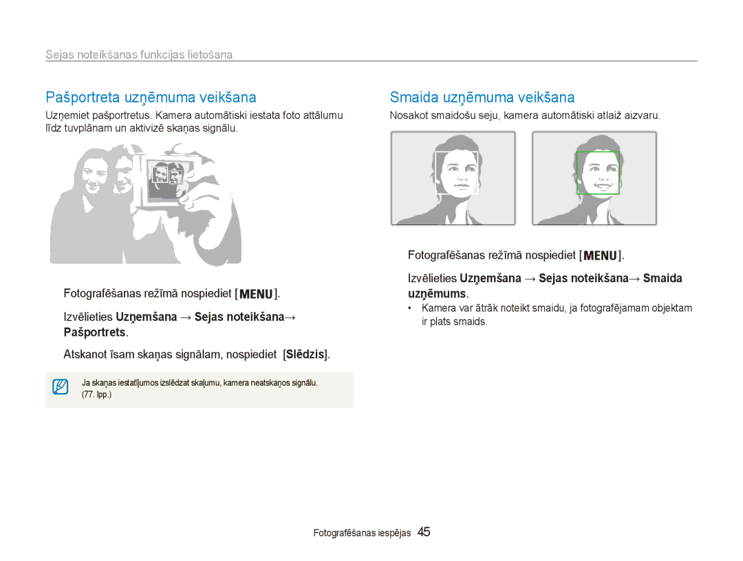 Samsung EC-ES80ZZBPBE2 Pašportreta uzņēmuma veikšana, Smaida uzņēmuma veikšana, Sejas noteikšanas funkcijas lietošana 