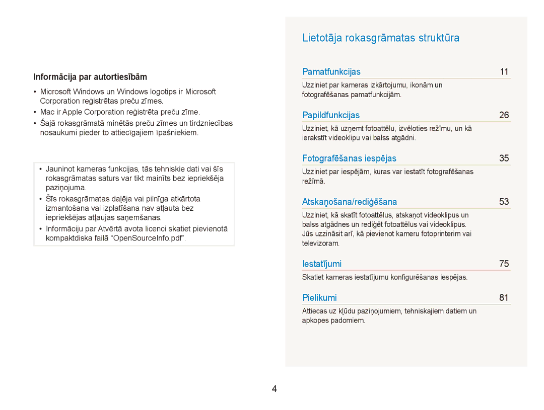 Samsung EC-ES80ZZBPBE2 manual Lietotāja rokasgrāmatas struktūra, Informācija par autortiesībām 