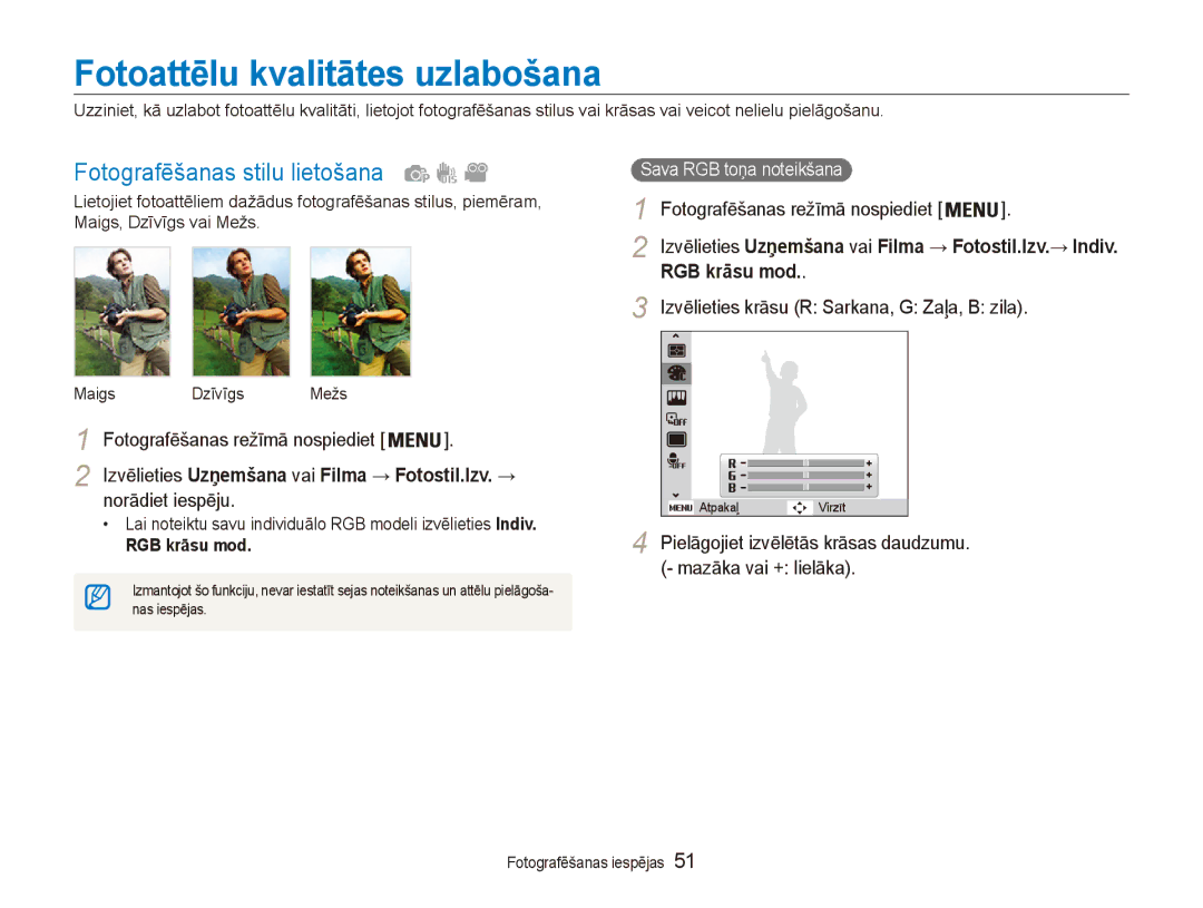 Samsung EC-ES80ZZBPBE2 manual Fotoattēlu kvalitātes uzlabošana, Fotografēšanas stilu lietošana, RGB krāsu mod 