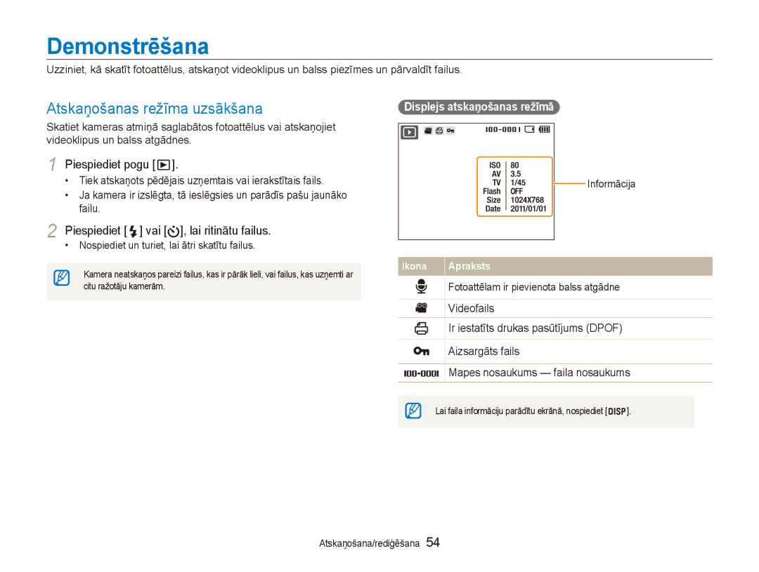 Samsung EC-ES80ZZBPBE2 manual Demonstrēšana, Atskaņošanas režīma uzsākšana, Piespiediet vai , lai ritinātu failus 