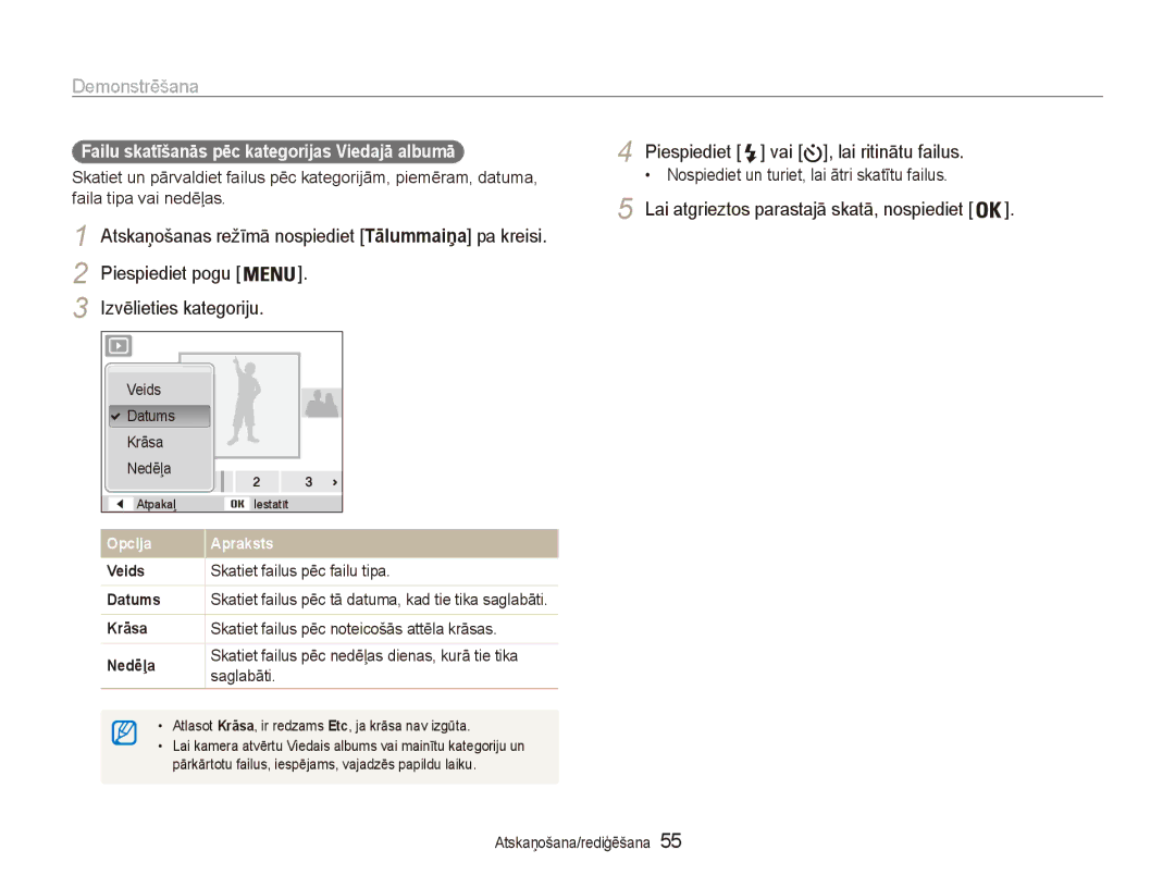 Samsung EC-ES80ZZBPBE2 manual Demonstrēšana, Failu skatīšanās pēc kategorijas Viedajā albumā, Skatiet failus pēc failu tipa 