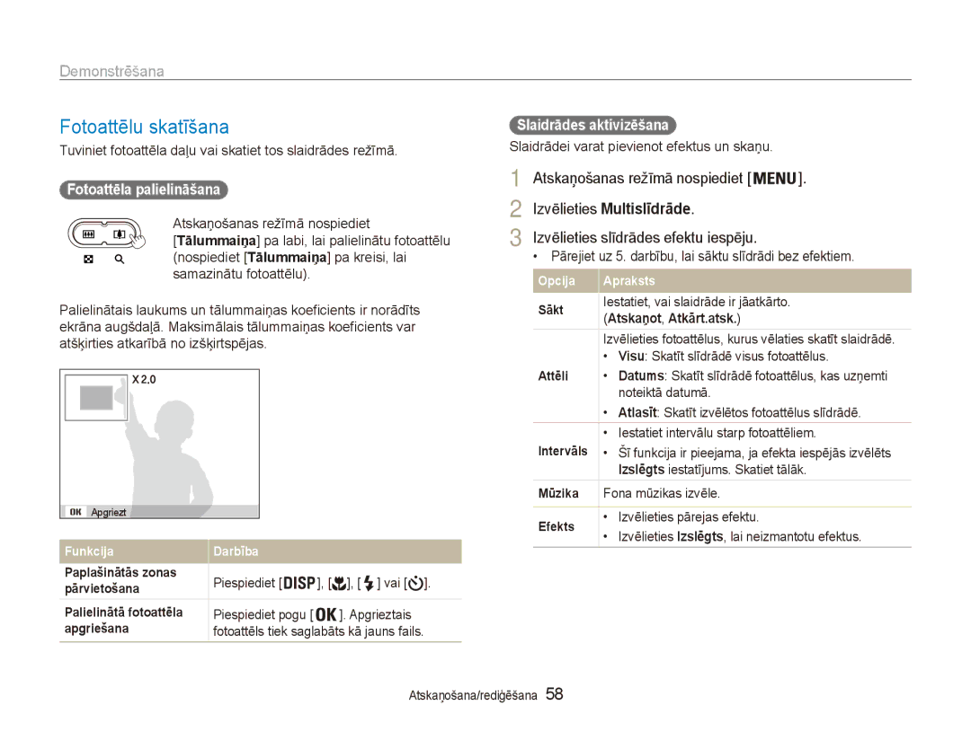 Samsung EC-ES80ZZBPBE2 manual Izvēlieties Multislīdrāde, Tuviniet fotoattēla daļu vai skatiet tos slaidrādes režīmā 