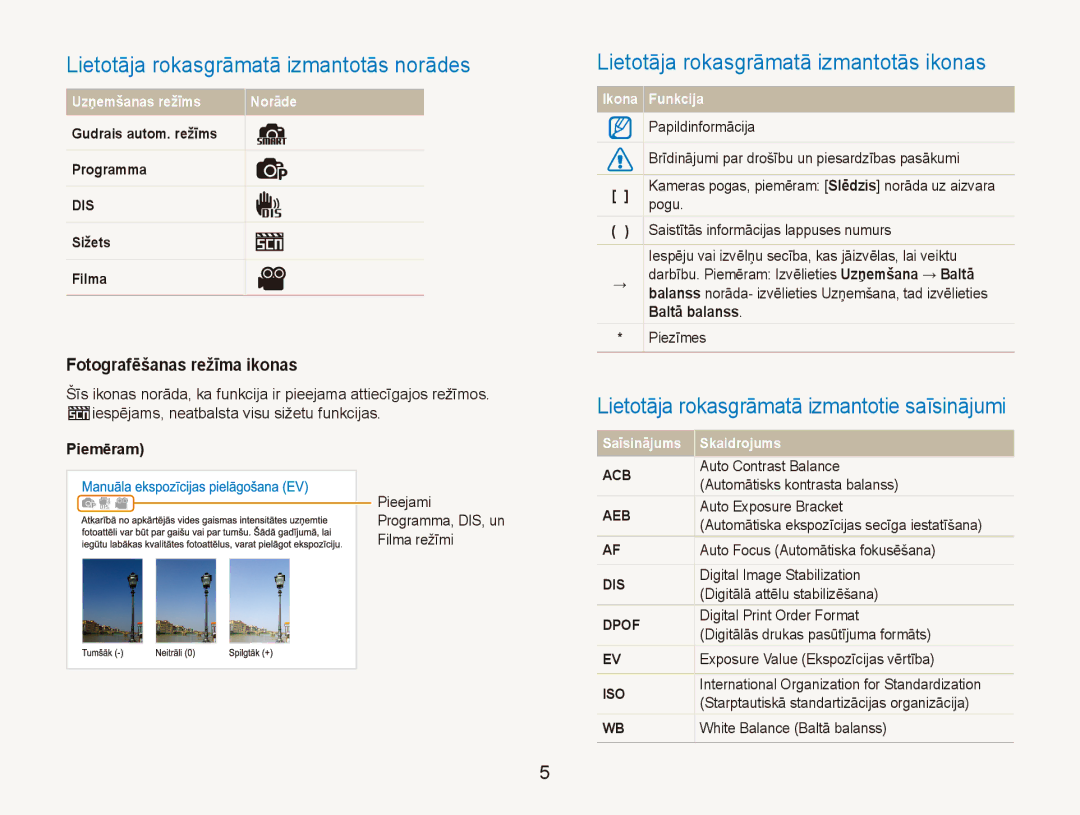 Samsung EC-ES80ZZBPBE2 manual Lietotāja rokasgrāmatā izmantotās norādes, Lietotāja rokasgrāmatā izmantotās ikonas, Piemēram 