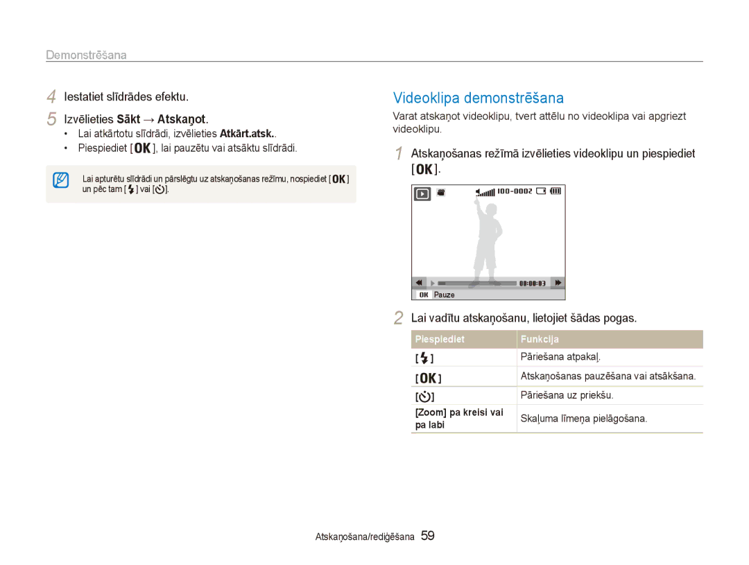 Samsung EC-ES80ZZBPBE2 manual Videoklipa demonstrēšana, Iestatiet slīdrādes efektu Izvēlieties Sākt → Atskaņot 