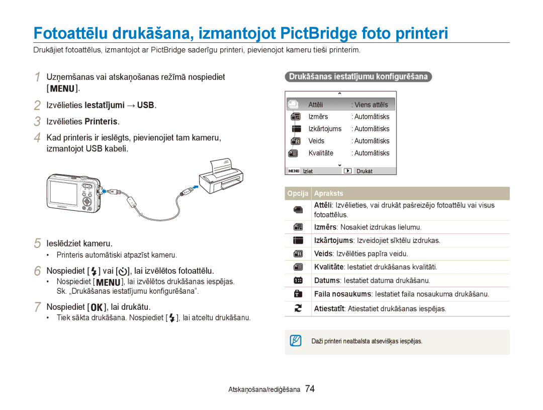 Samsung EC-ES80ZZBPBE2 manual Fotoattēlu drukāšana, izmantojot PictBridge foto printeri, Nospiediet Lai drukātu 