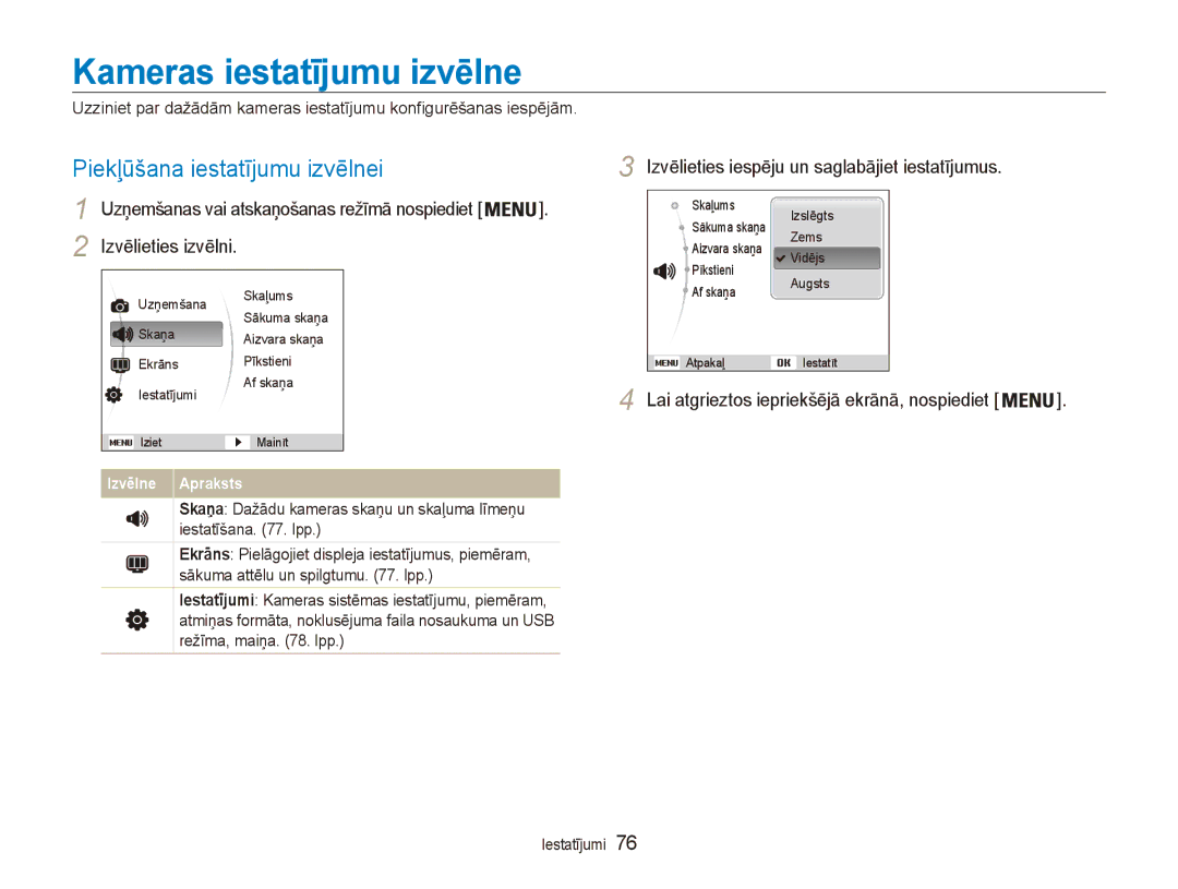 Samsung EC-ES80ZZBPBE2 manual Kameras iestatījumu izvēlne, Piekļūšana iestatījumu izvēlnei 