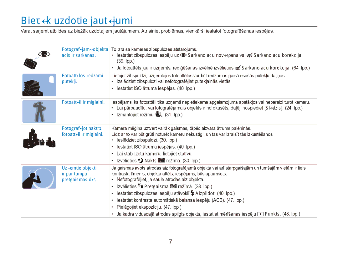 Samsung EC-ES80ZZBPBE2 manual Biežāk uzdotie jautājumi, Nakts 