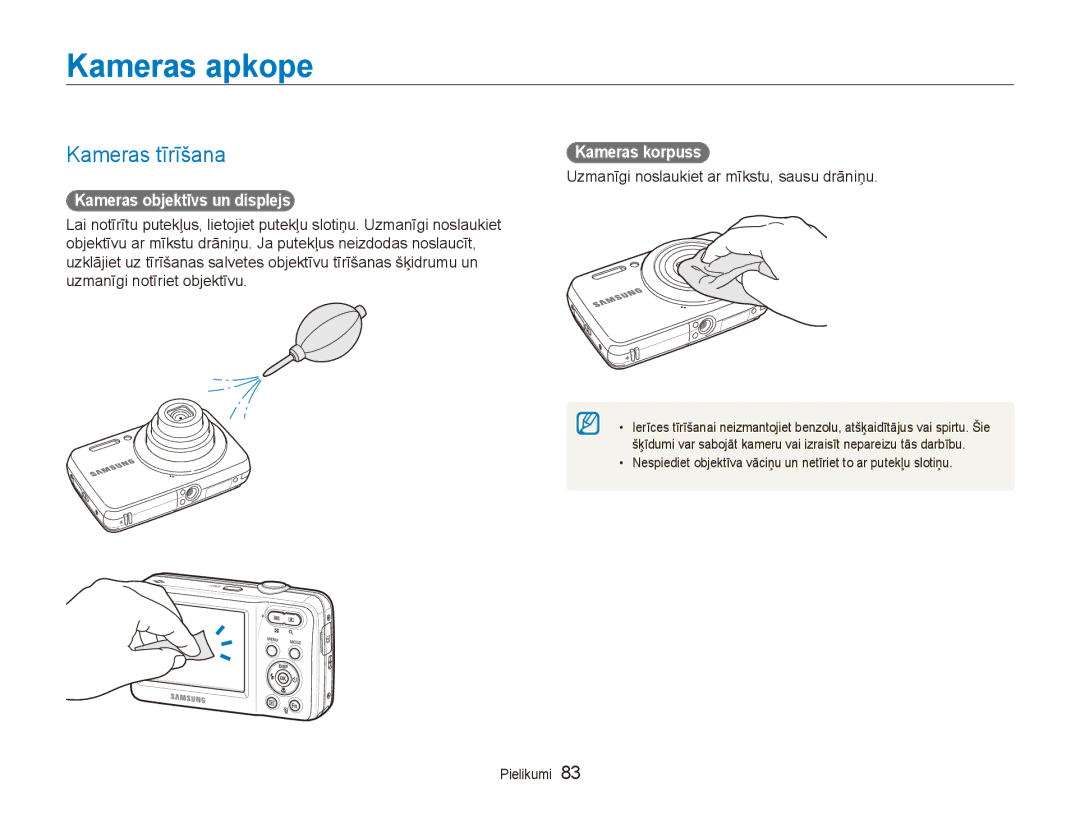 Samsung EC-ES80ZZBPBE2 manual Kameras apkope, Kameras tīrīšana, Kameras objektīvs un displejs, Kameras korpuss 