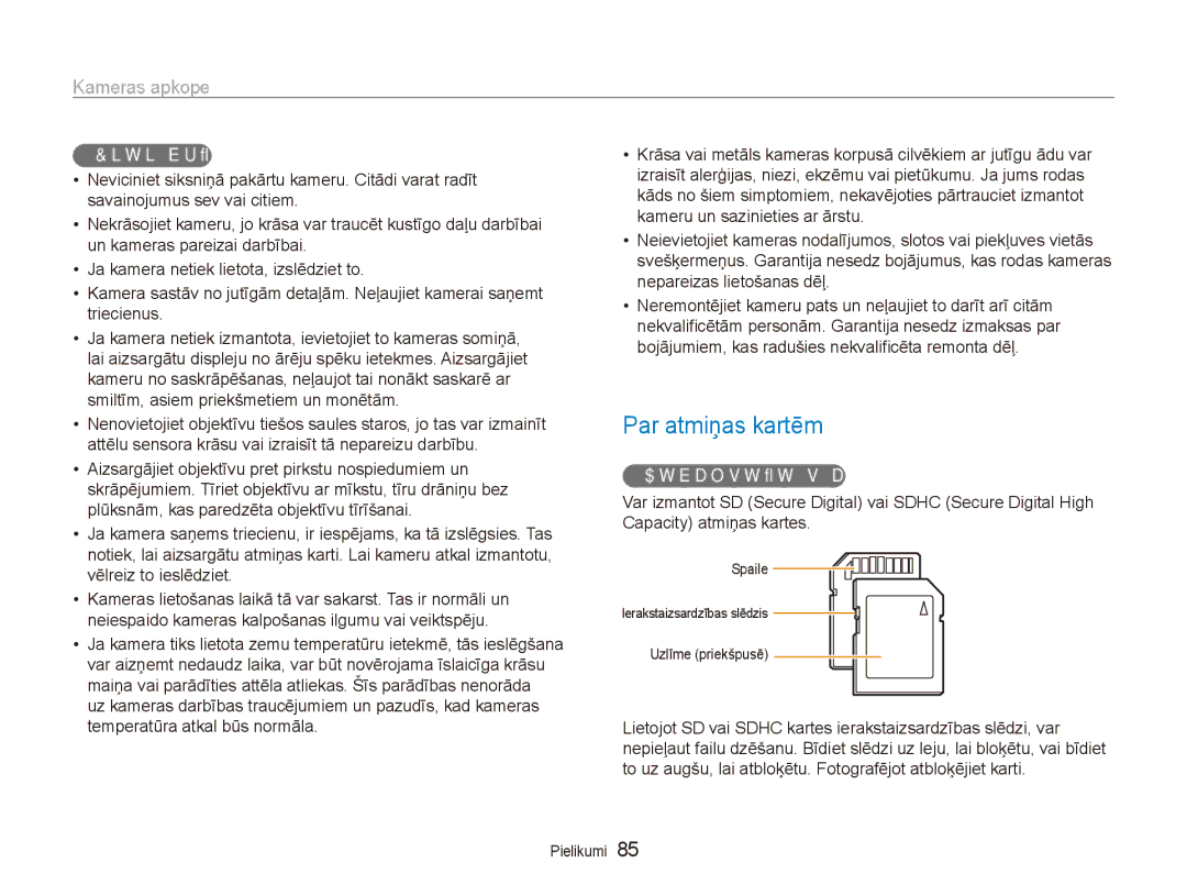 Samsung EC-ES80ZZBPBE2 manual Par atmiņas kartēm, Citi brīdinājumi, Atbalstītās atmiņas kartes 