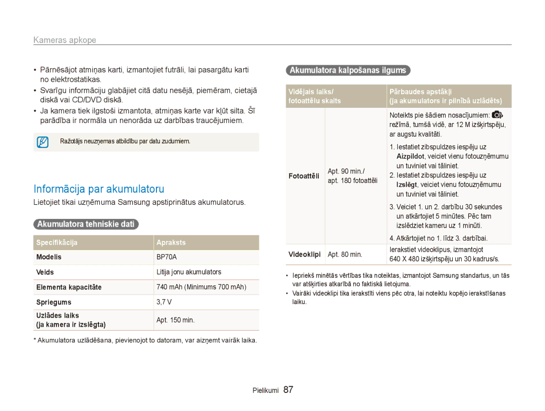 Samsung EC-ES80ZZBPBE2 manual Informācija par akumulatoru, Lietojiet tikai uzņēmuma Samsung apstiprinātus akumulatorus 