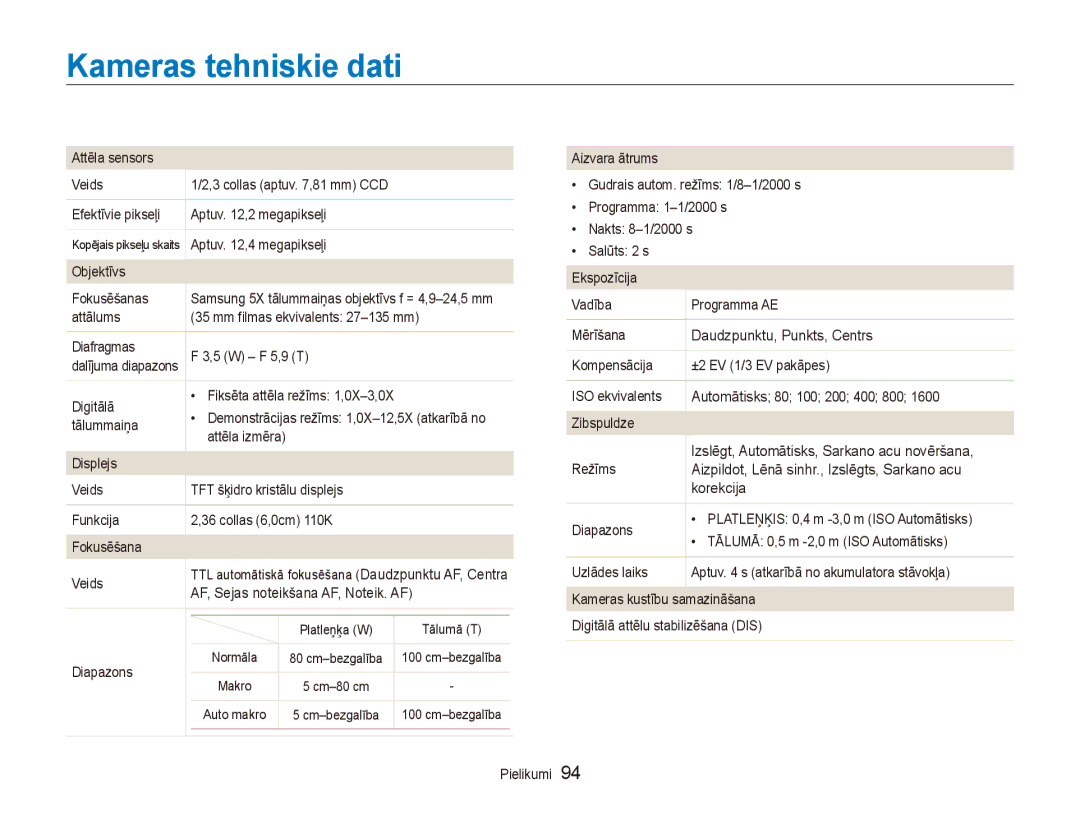 Samsung EC-ES80ZZBPBE2 Kameras tehniskie dati, AF, Sejas noteikšana AF, Noteik. AF, Daudzpunktu, Punkts, Centrs, Korekcija 