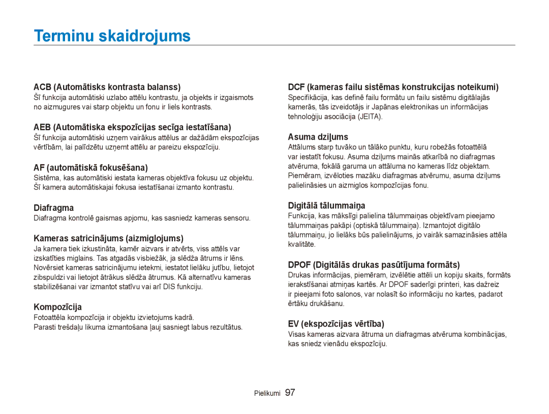 Samsung EC-ES80ZZBPBE2 manual Terminu skaidrojums 