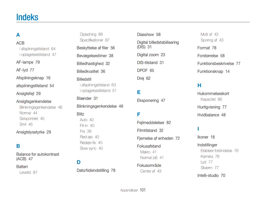 Samsung EC-ES80ZZBPPE2, EC-ES80ZZBPSE2, EC-ES80ZZBPBE2 manual Indeks 