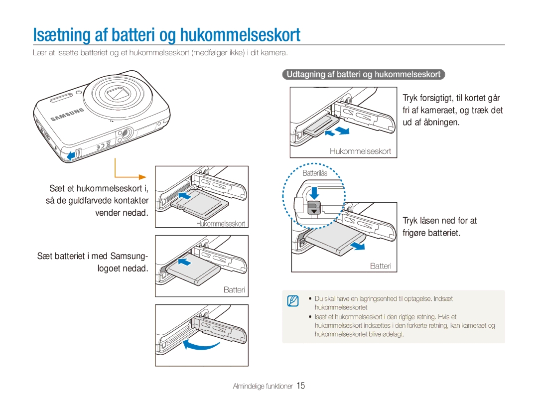 Samsung EC-ES80ZZBPSE2 manual Isætning af batteri og hukommelseskort, Udtagning af batteri og hukommelseskort, Batterilås 