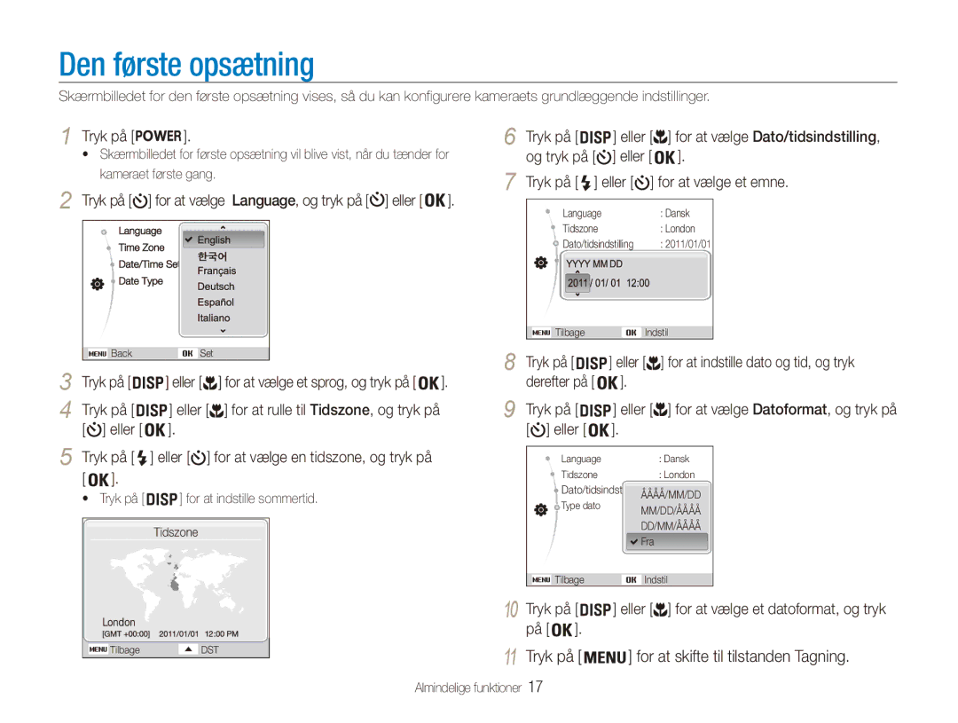 Samsung EC-ES80ZZBPPE2, EC-ES80ZZBPSE2, EC-ES80ZZBPBE2 Den første opsætning, Tryk på For at skifte til tilstanden Tagning 