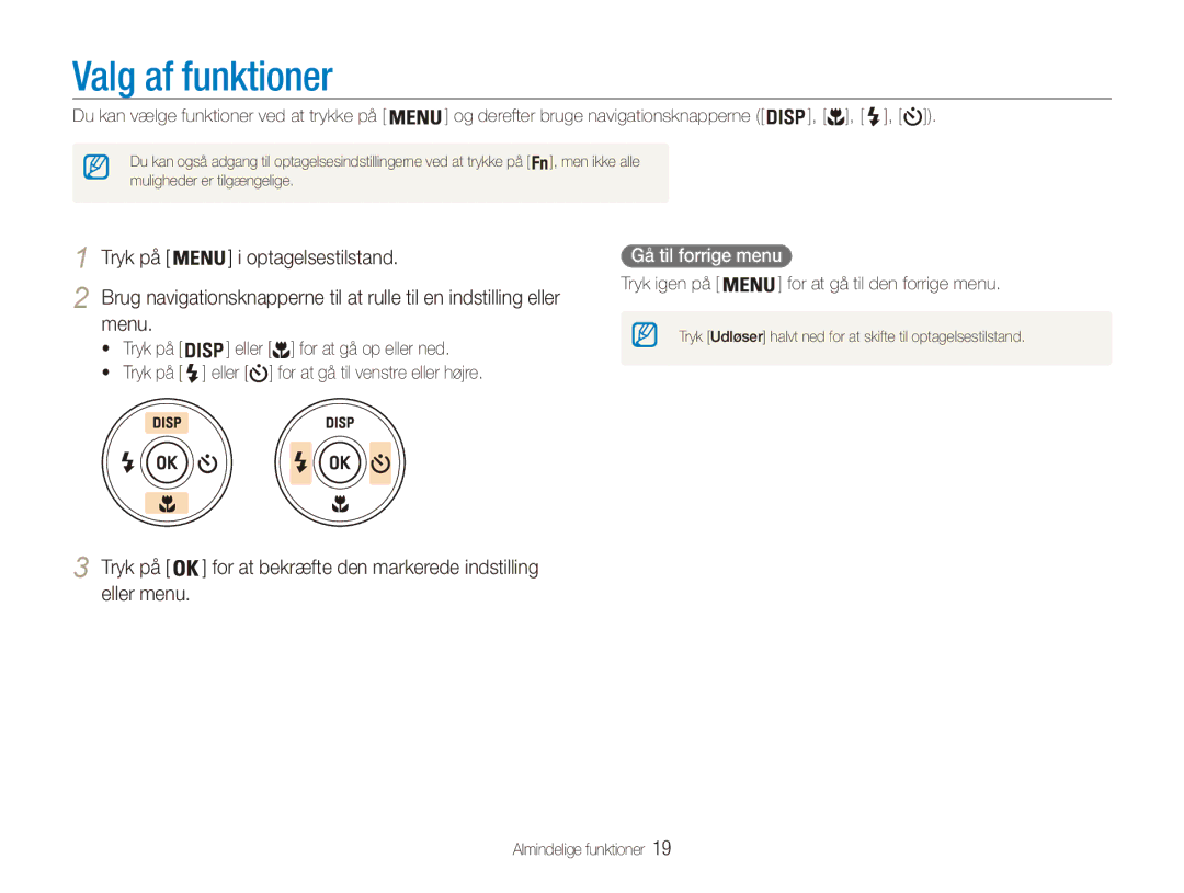 Samsung EC-ES80ZZBPBE2, EC-ES80ZZBPPE2, EC-ES80ZZBPSE2 Valg af funktioner, Tryk på Optagelsestilstand, Menu, Eller menu 