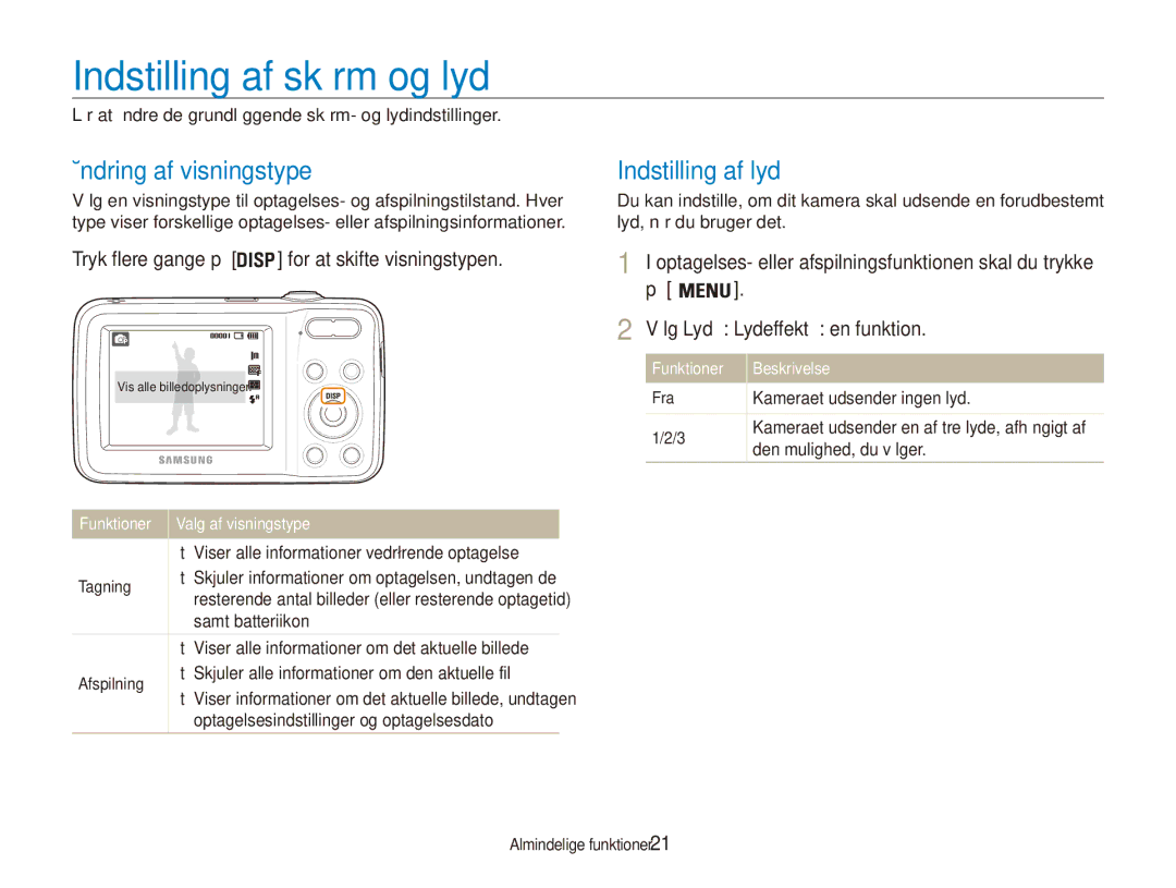 Samsung EC-ES80ZZBPSE2, EC-ES80ZZBPPE2 manual Indstilling af skærm og lyd, Ændring af visningstype, Indstilling af lyd 