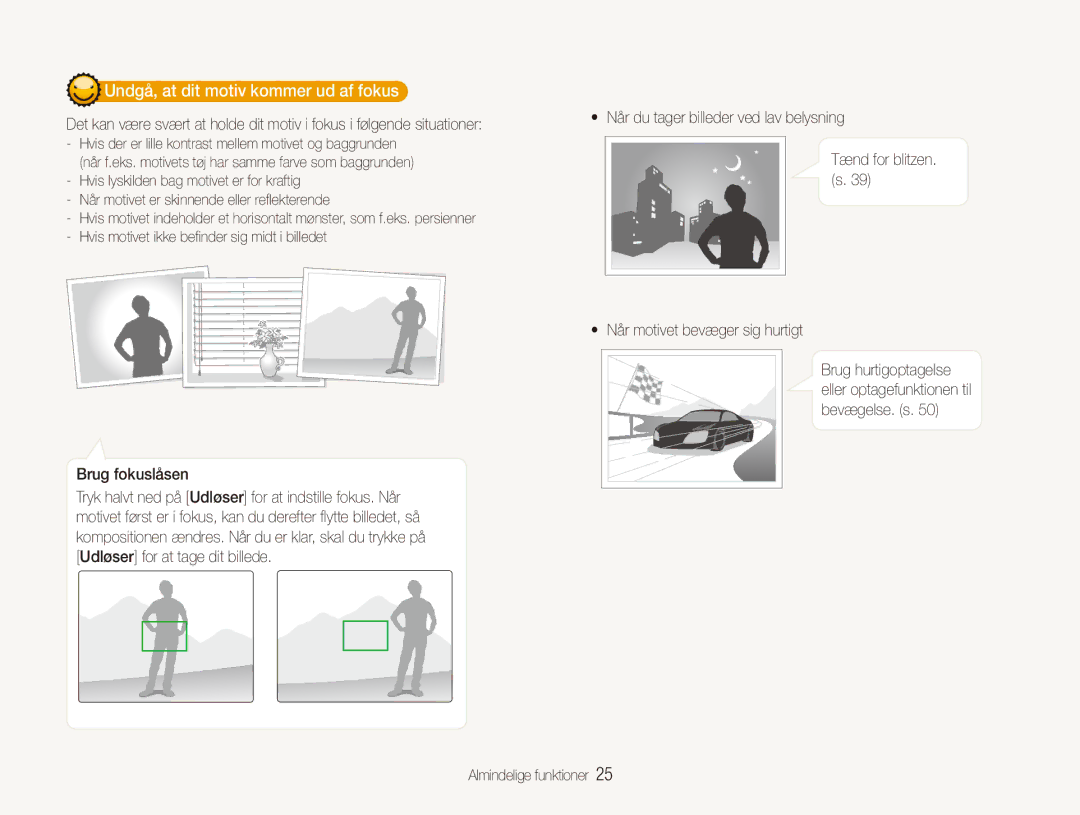 Samsung EC-ES80ZZBPBE2 manual Undgå, at dit motiv kommer ud af fokus, Når motivet er skinnende eller reflekterende 