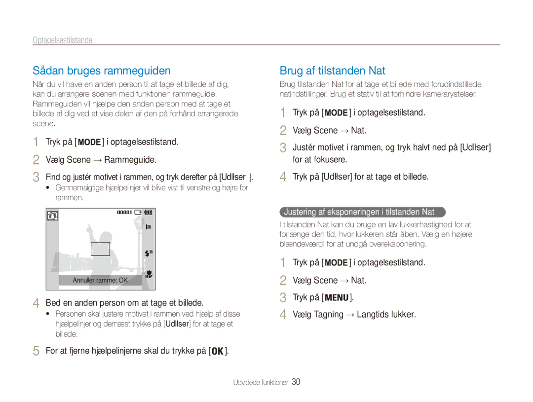 Samsung EC-ES80ZZBPSE2 manual Sådan bruges rammeguiden, Brug af tilstanden Nat, Bed en anden person om at tage et billede 