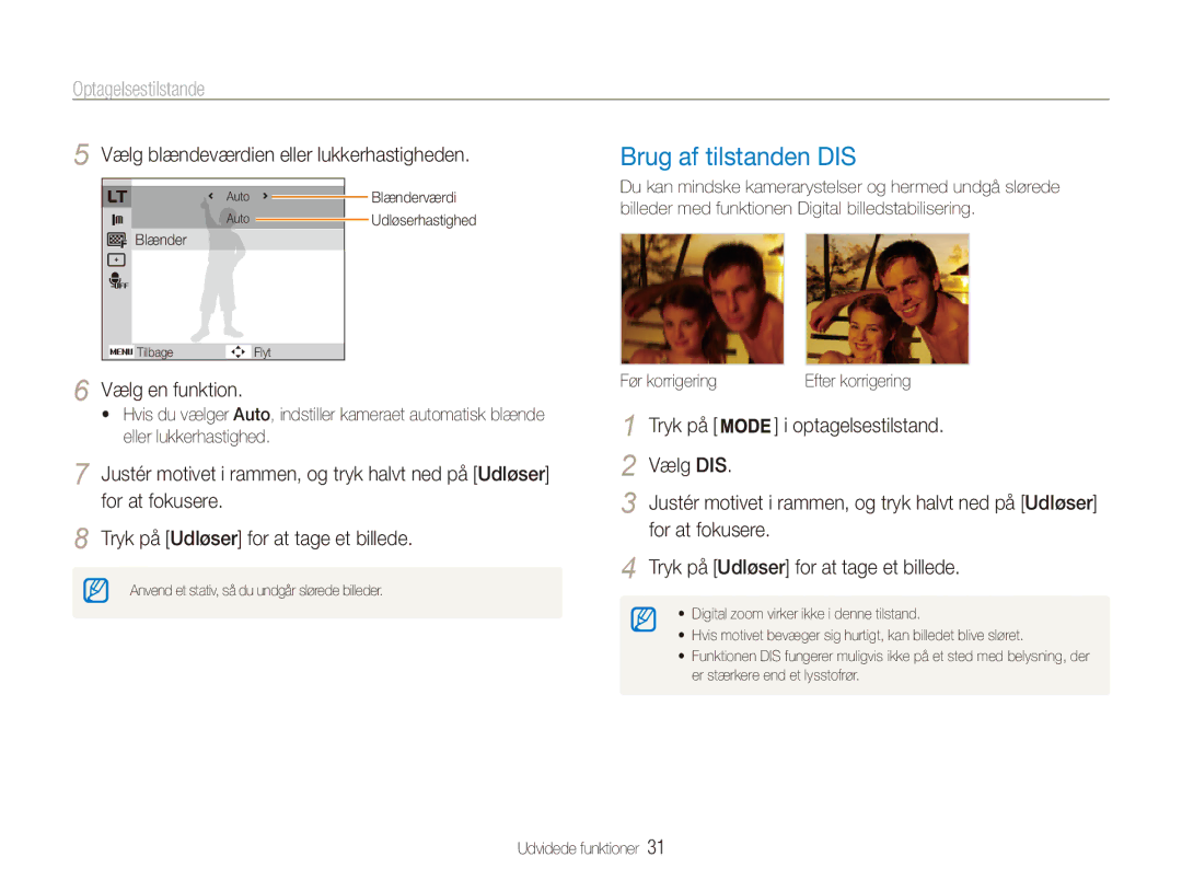 Samsung EC-ES80ZZBPBE2 manual Brug af tilstanden DIS, Vælg blændeværdien eller lukkerhastigheden, Vælg en funktion 