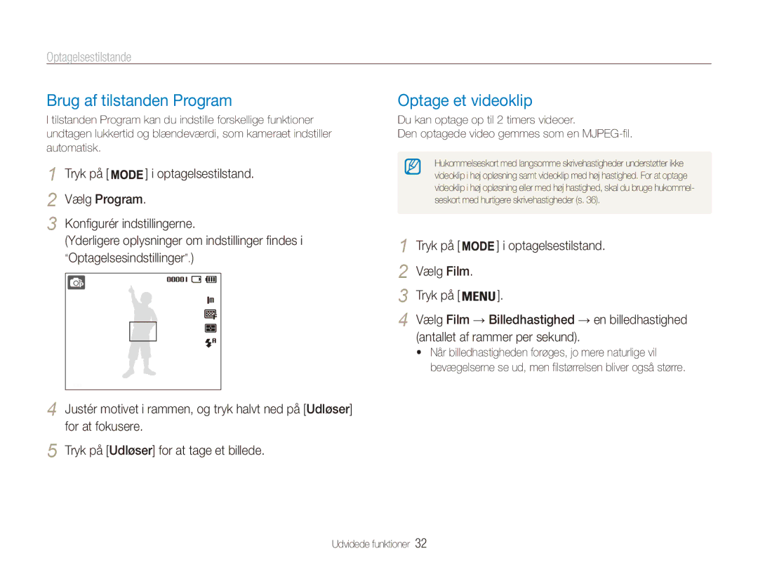 Samsung EC-ES80ZZBPPE2 manual Brug af tilstanden Program, Optage et videoklip, Tryk på Optagelsestilstand Vælg Film 