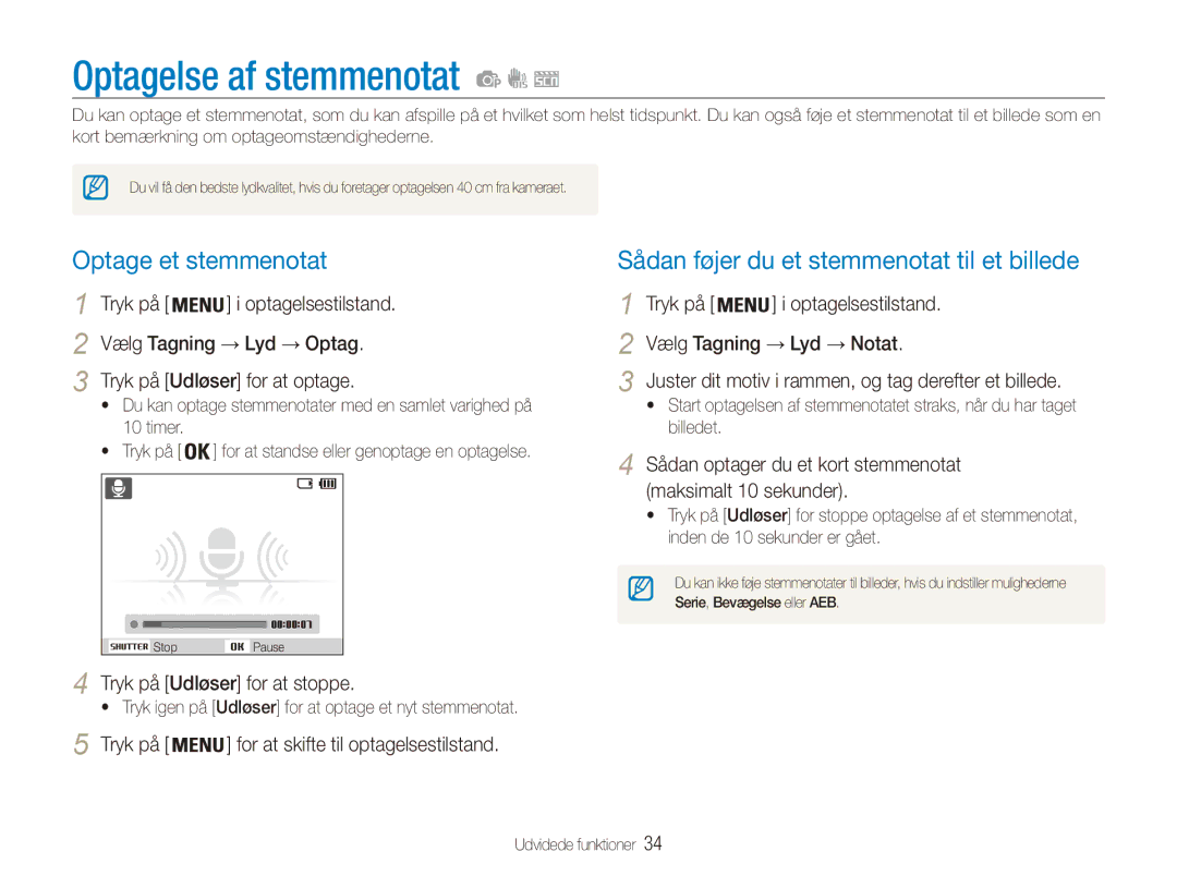 Samsung EC-ES80ZZBPBE2 manual Optagelse af stemmenotat, Optage et stemmenotat, Sådan føjer du et stemmenotat til et billede 