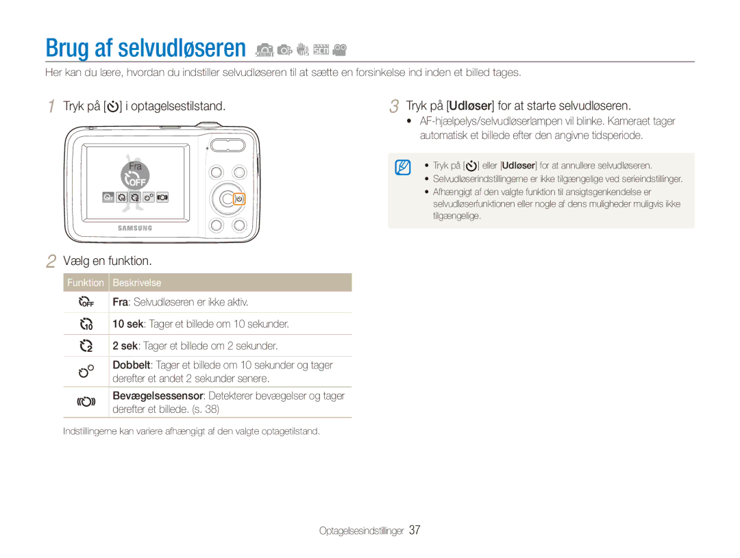 Samsung EC-ES80ZZBPBE2 Brug af selvudløseren, Tryk på i optagelsestilstand, Tryk på Udløser for at starte selvudløseren 