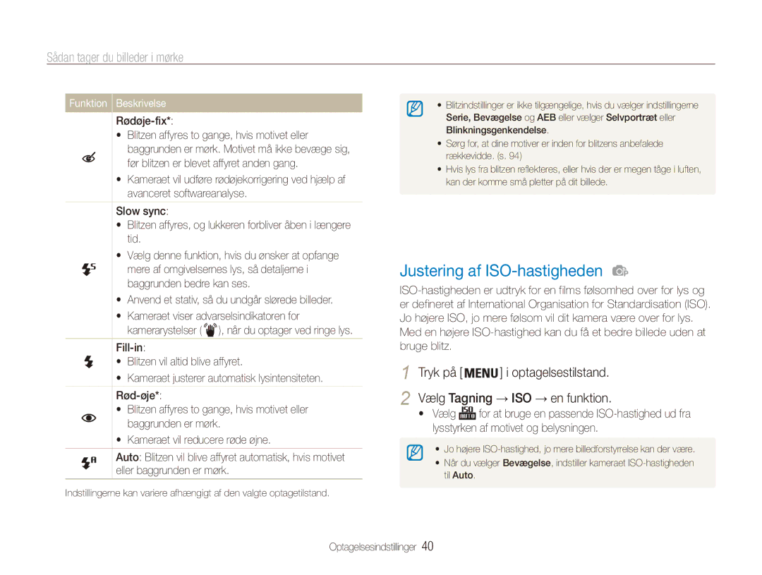 Samsung EC-ES80ZZBPBE2, EC-ES80ZZBPPE2 manual Justering af ISO-hastigheden, Sådan tager du billeder i mørke, Rødøje-fix 